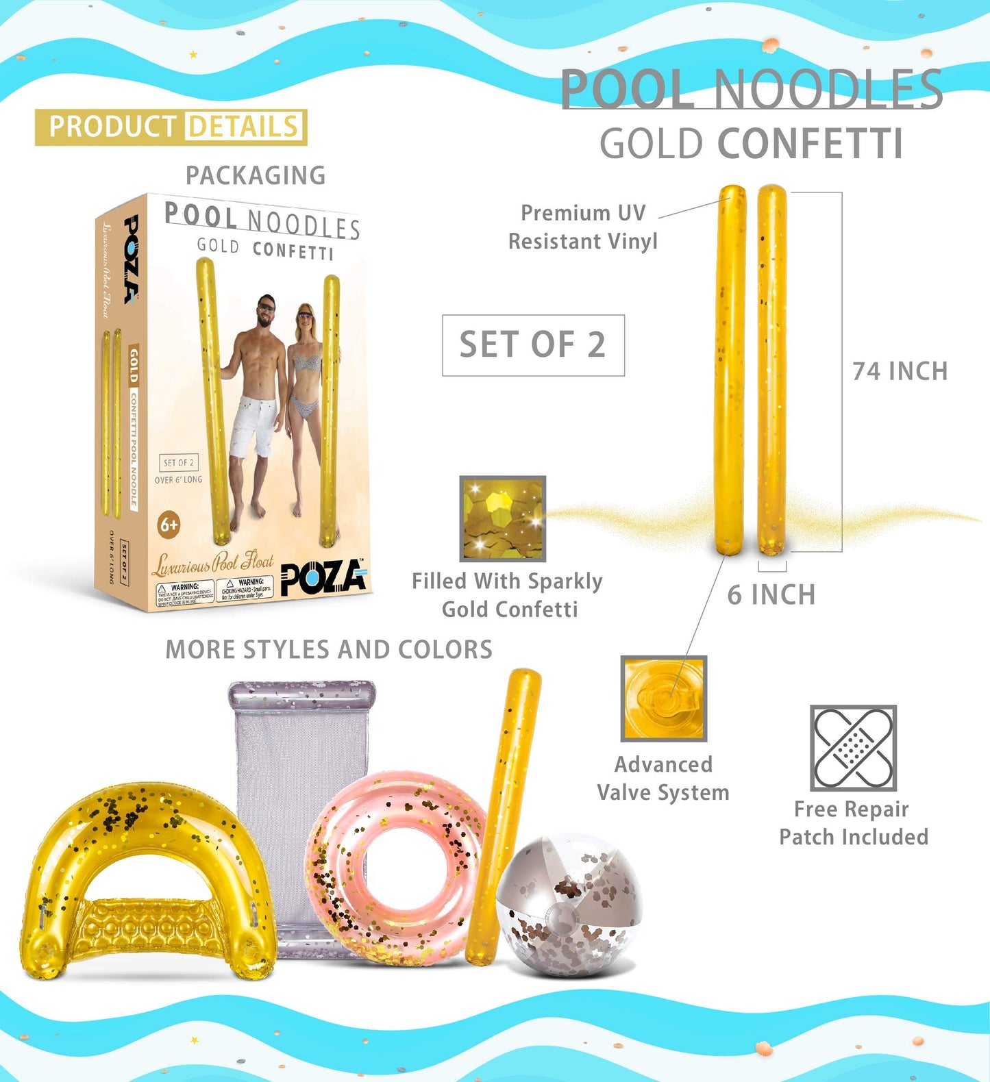 POZA 2 Pack of Inflatable Jumbo Pool Noodles - 74-Inch enhanced and elegant Giant Inflatable Sparkly Gold Glitter Confetti Pool Float Swim Noodles  Inflatable Noodles for Ocean  Lake and Pool - Gold