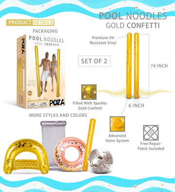 POZA 2 Pack of Inflatable Jumbo Pool Noodles - 74-Inch enhanced and elegant Giant Inflatable Sparkly Gold Glitter Confetti Pool Float Swim Noodles  Inflatable Noodles for Ocean  Lake and Pool - Gold