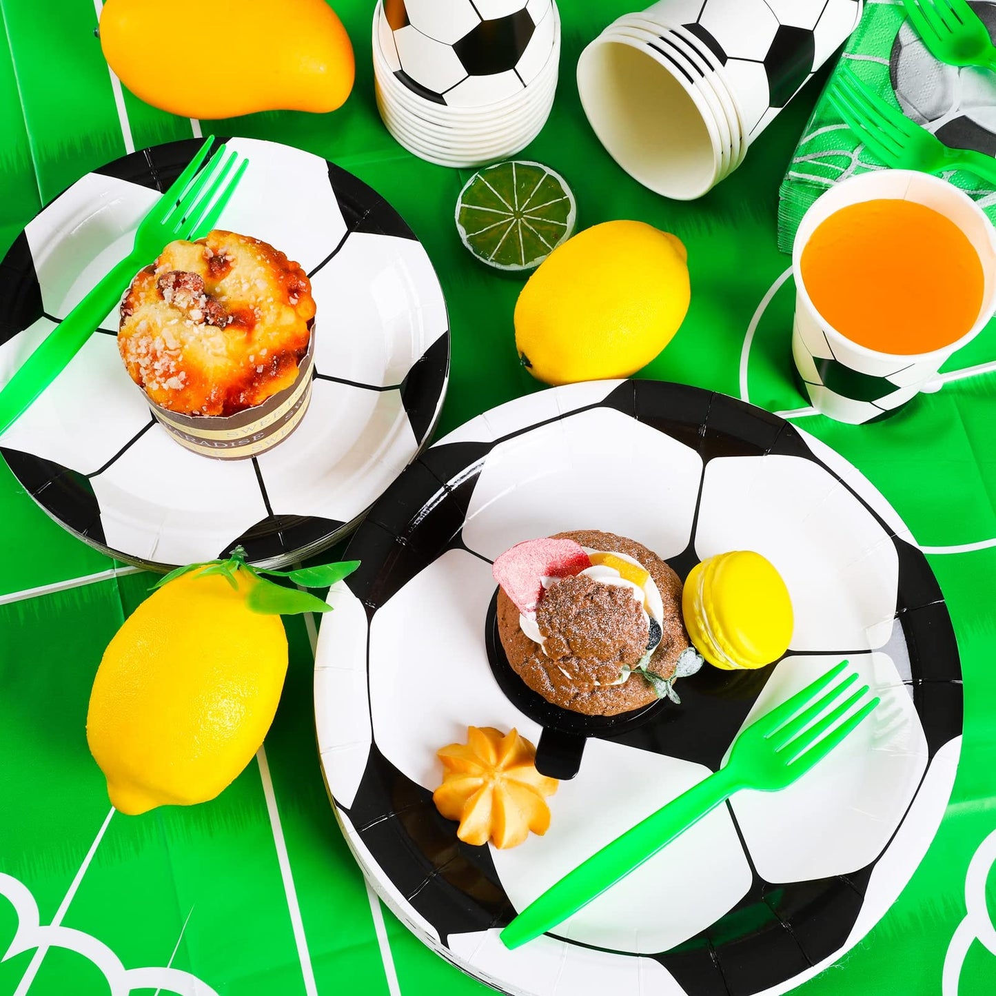 Durony 121 Pieces Soccer Party Tableware Set Include Soccer Party Plates And Napkins, Cups, Tablecloth, Forks Soccer Party Suppl