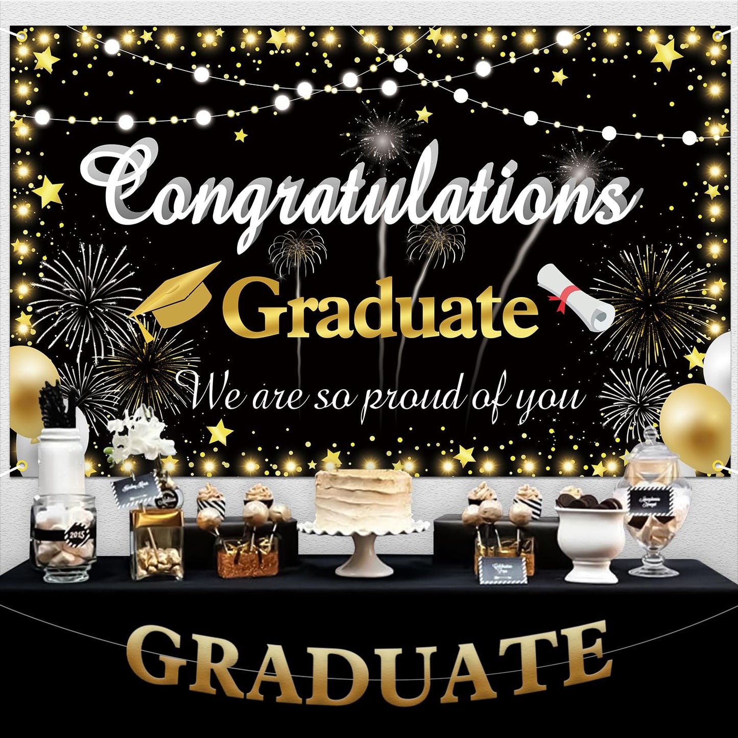 Graduation Backdrop 2024 Congrats Grad Banner Black Gold Graduation Banner.Class of 2024 Graduation Decorations Photography Back