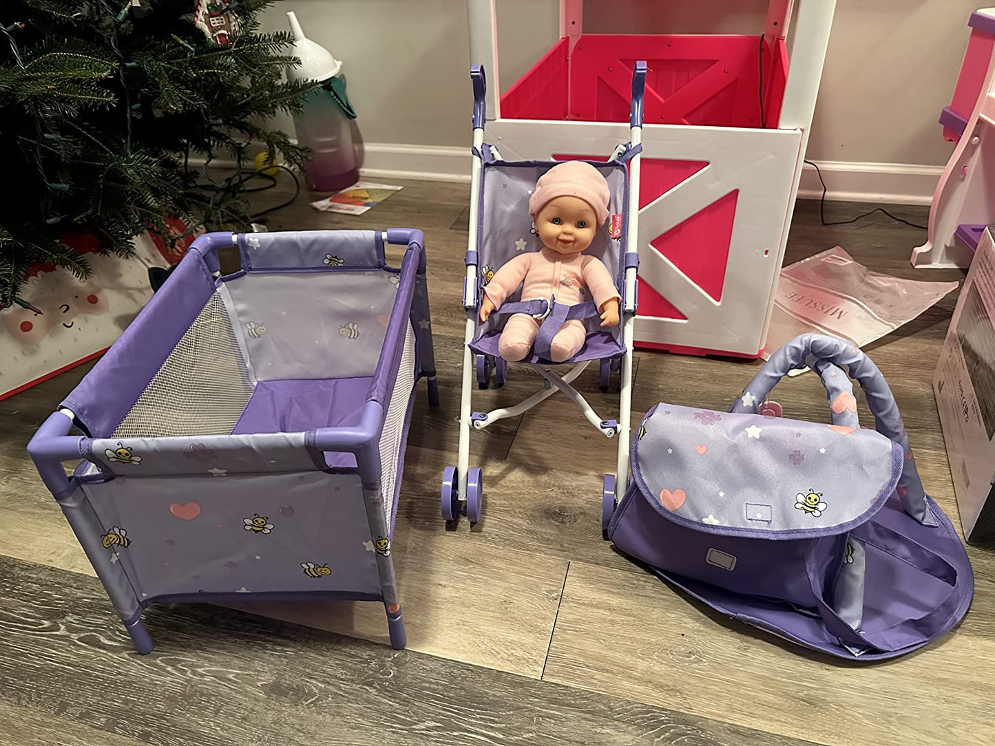 ANIVIA Baby Doll Stroller Set - 5PC Accessories, Includes Stroller, Crib, Play Mat, Feeding Toy, Diaper Bag, Purple, 11" Doll Included