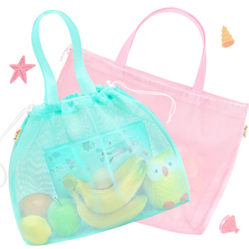 Tagitary Beach Toys Kids Beach Bag Tote with Drawstring, Pink Blue Mesh Bag Travel Beach Essentials for Kids Swim Pool Gym Bag C