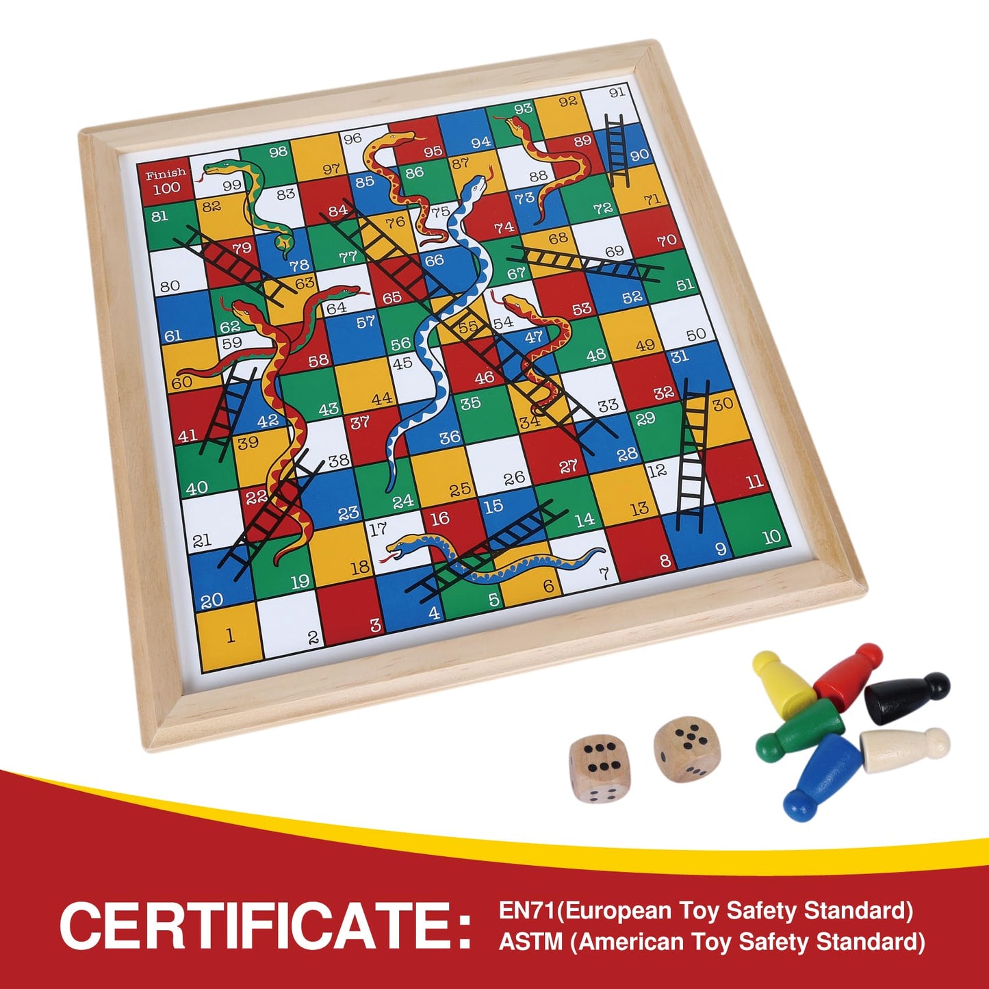 Gothink Wooden Snakes And Ladders Game - Educational Board Game For Kids And Adults - Includes Counters & Dice