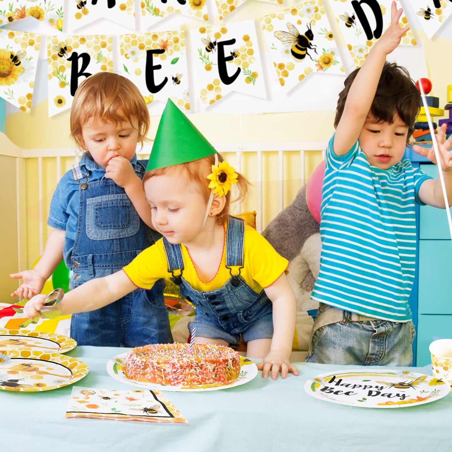 Wernnsai Bee Party Plates And Napkins - 48 Pcs Happy Bee Day Party Supplies For Kids Honey Bee Party Tableware Set Dinner Dessert Cake Plates Lunch Napkins Serves 16 Guests