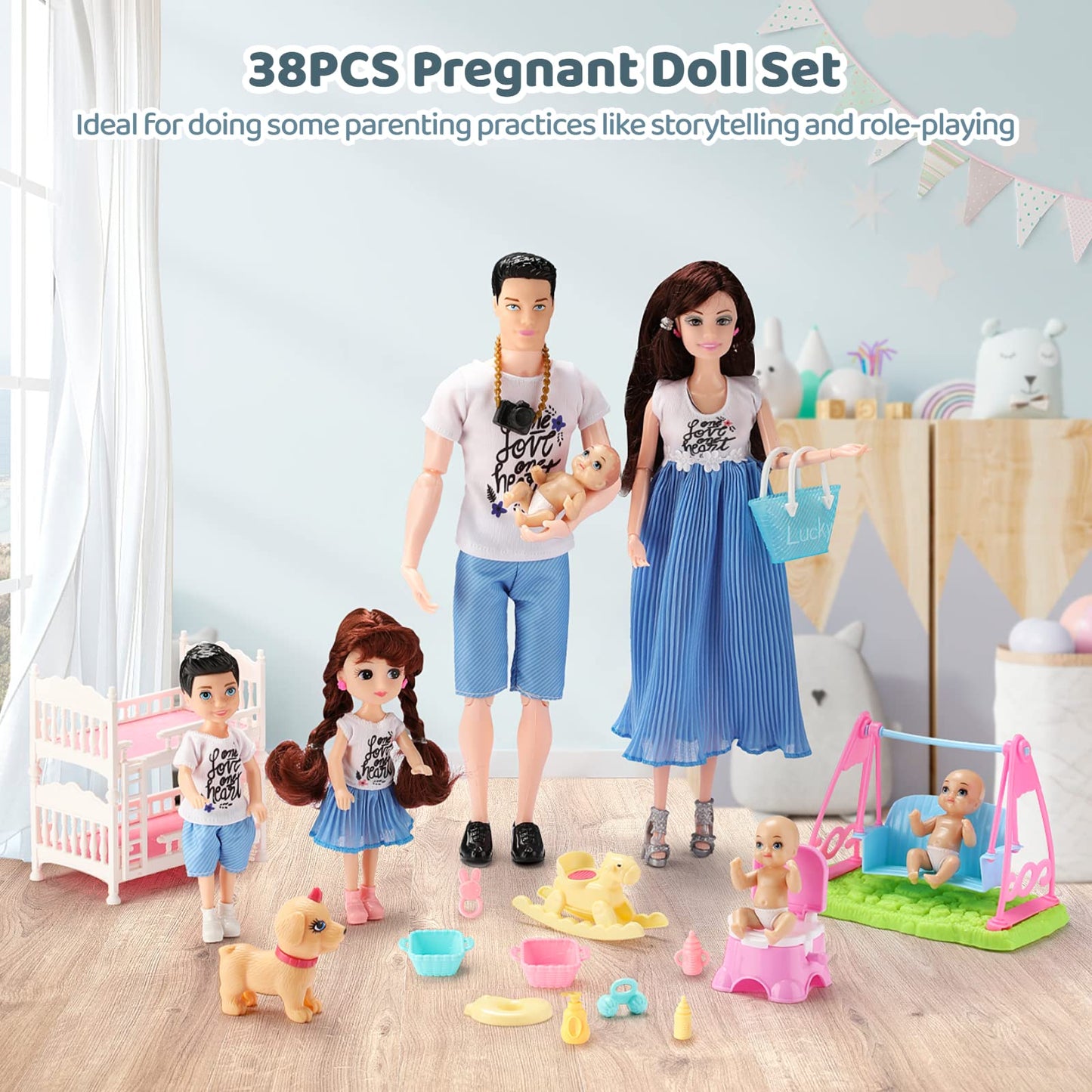 Pregnant Doll Have A Baby In Her Tummy Family Dolls Set Of 7 People With Dog Included Dad Pregnant Mom 2 Kids 3 Baby And Infant