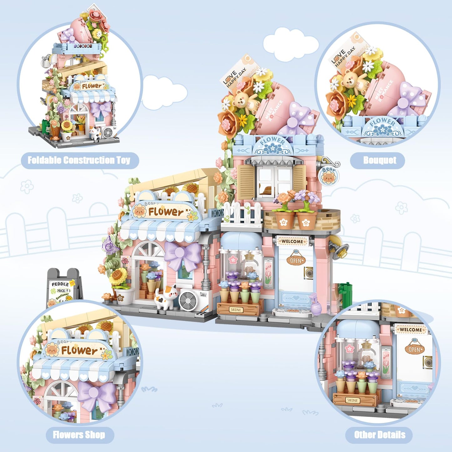 Street View Flower House Shop Mini Building Blocks  MOC Creative Building Toys Cute Panda Building Set for Girls 6-12  Simulation Architecture Construction Toy  Gift Idea for Kids mature-themeds (854 PCS)