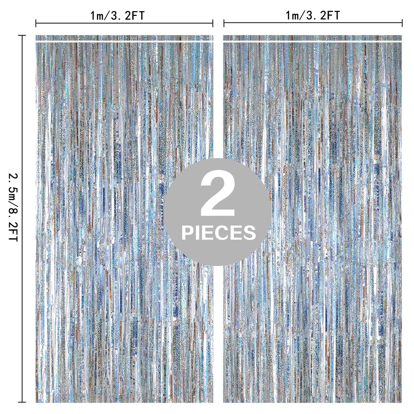 2 Pack 3.2ft x 8.2ft Silver Metallic Tinsel Foil Fringe Curtains, Door Streamer Photo Booth Backdrop for Birthday Graduation Eng