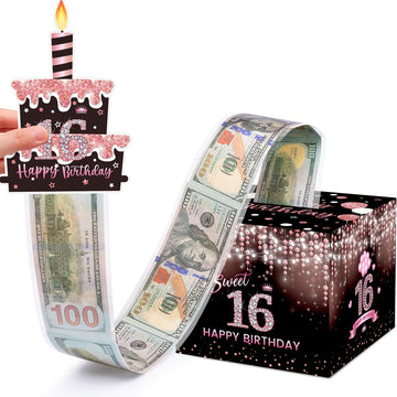 Meiidoshine Sweet 16Th Birthday Money Box For Cash Gift, Surprise Pull Out Money Gift Box With 100Pcs Transparent Bags - Fun Way
