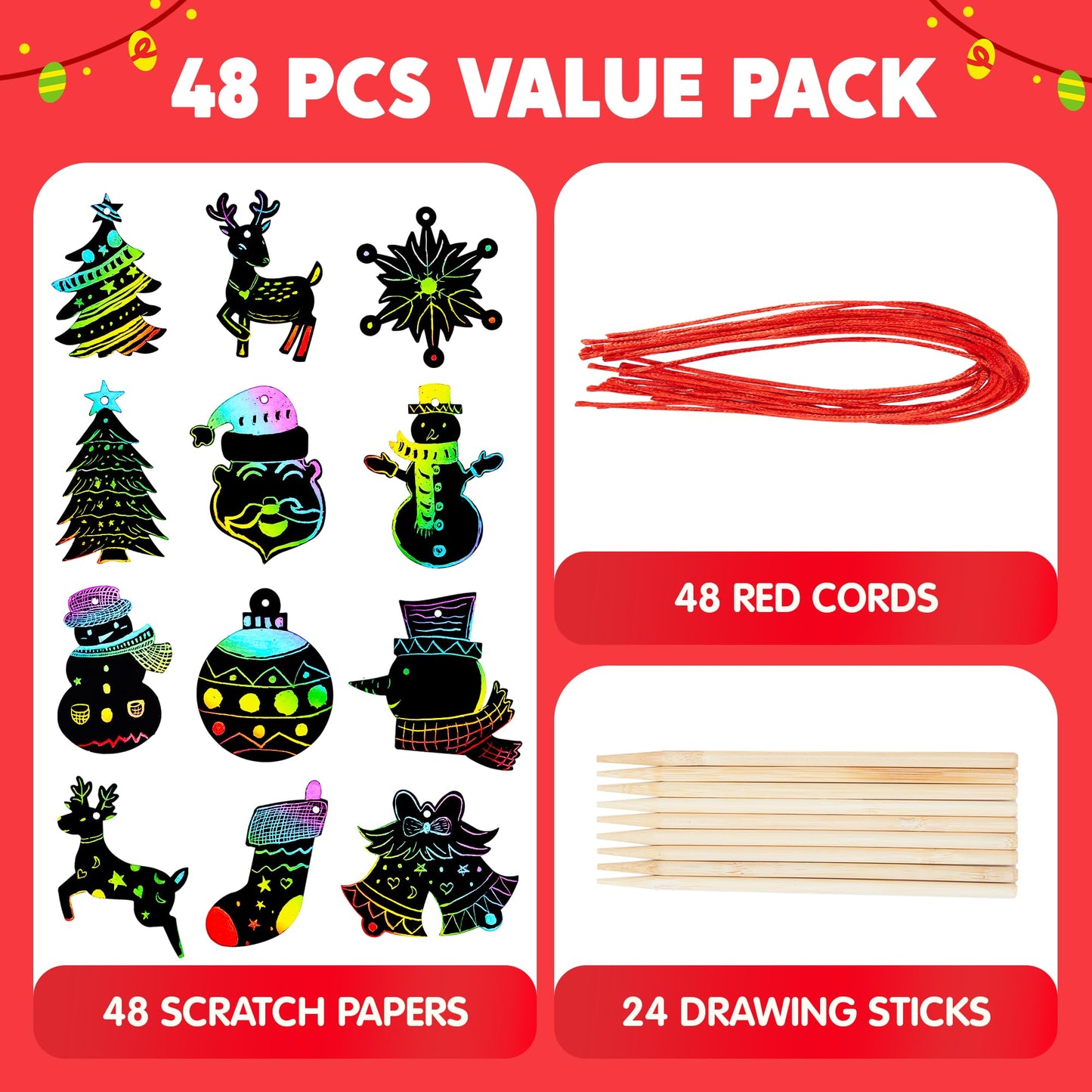 JOYIN 48 Pcs Christmas Scratch Art Ornaments, Scratch Paper Craft Kit Include Snowman, Snowflakes, Christmas Tree, and Reindeer,