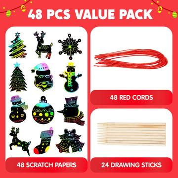 JOYIN 48 Pcs Christmas Scratch Art Ornaments, Scratch Paper Craft Kit Include Snowman, Snowflakes, Christmas Tree, and Reindeer,