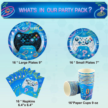 Wernnsai Blue Video Game Party Paper Plates Cups Napkins - 64 Pcs Gamer Birthday Party Decorations For Boys Gaming Night Tableware Set Disposable Dinner Dessert Plates Napkins Cups Serves 16 Guests
