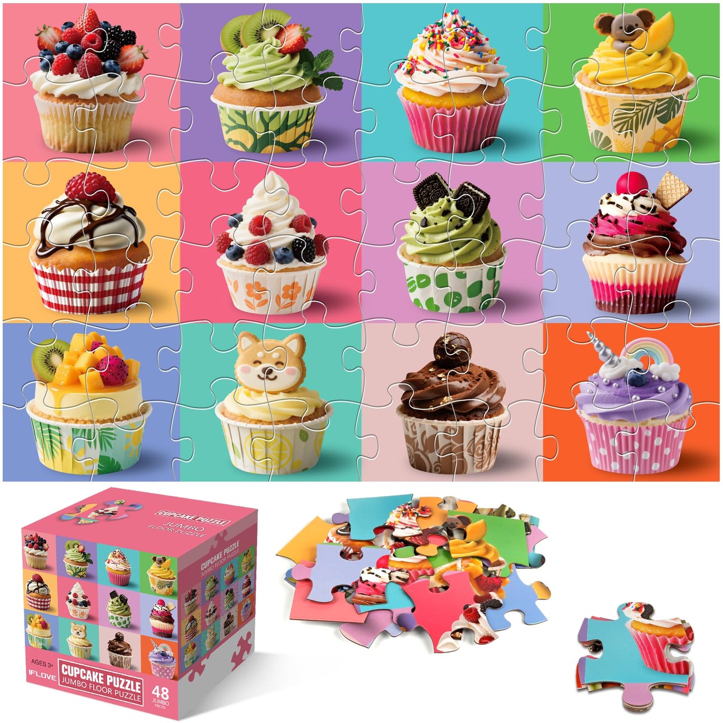 Jumbo Floor Puzzle for Kids,48 Piece Cupcake Jigsaw Puzzles,Learning Educational Toys for Toddlers Ages 3-5,Children Gift for Bo