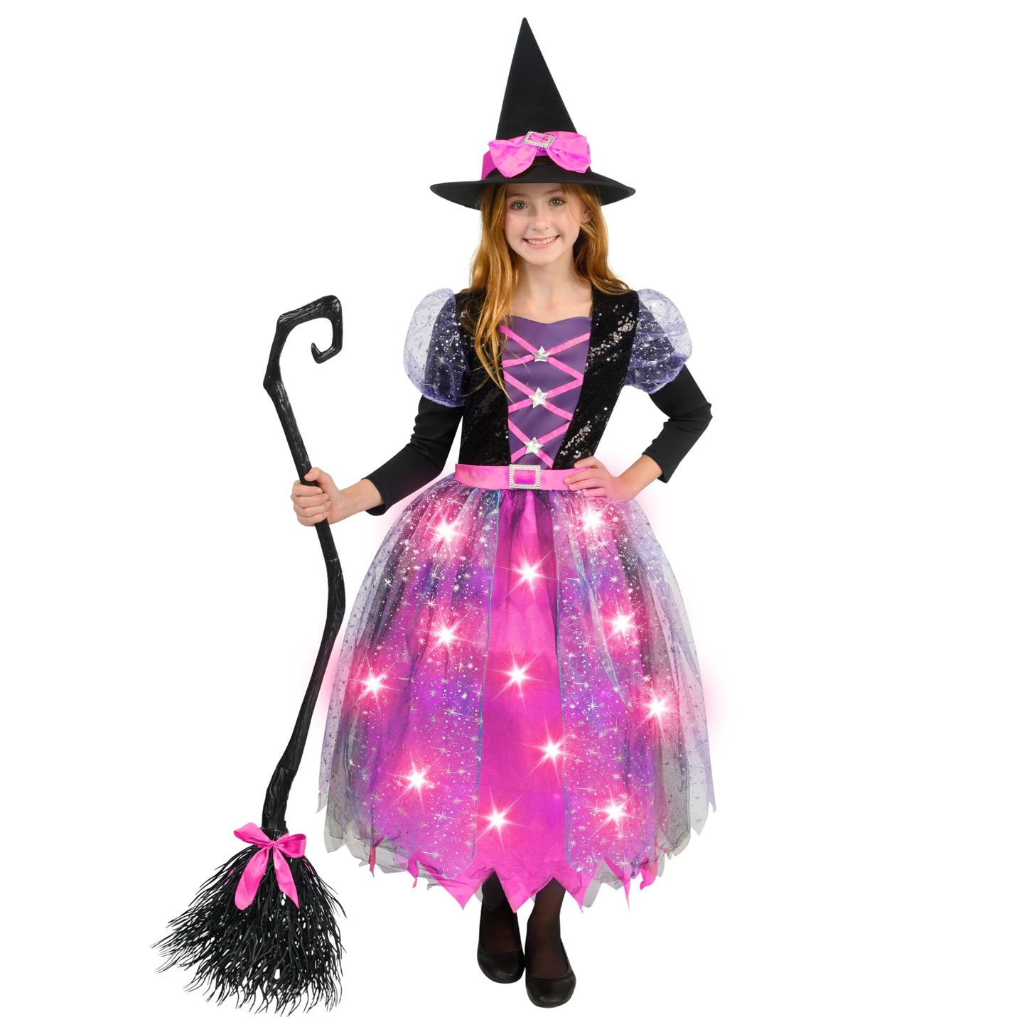 Spooktacular Creations Witch Costume Kids  Light Up Halloween Costumes Witch Dress with Hat and Broom for Girls  Sweet Wizard Set for Toddler Scary Halloween Themed Parties  Pink  S