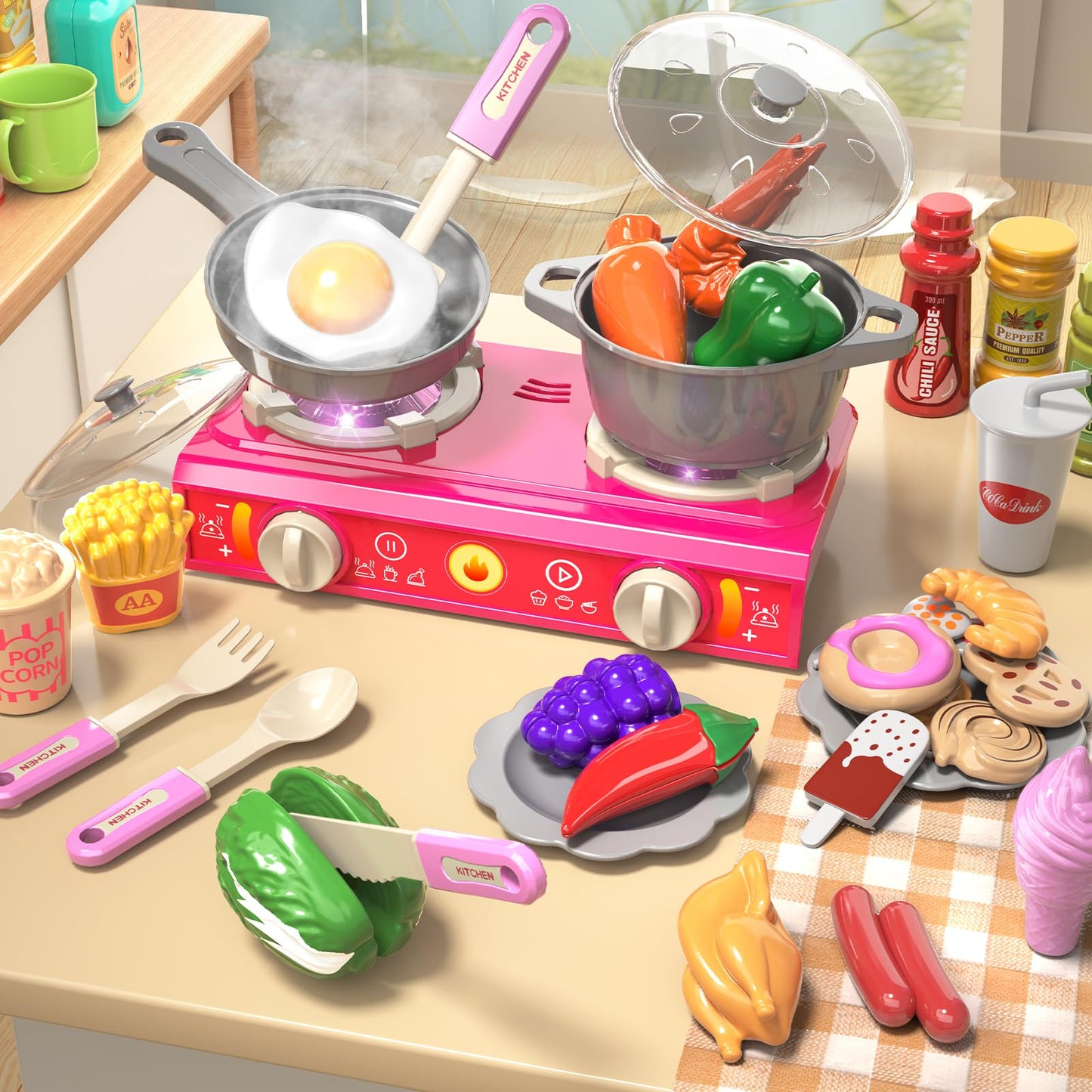 Toddler Kids Kitchen Playset, Play Kitchen Set with Sounds and Lights for Toddlers Kids 3-5 6-8, Pretend Food Toy Kitchens Chris