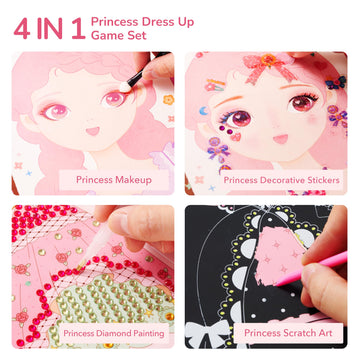 Mideer 4 In 1 Art Craft Kits For Kids, Princess Dress Up Game Set With Diamond Painting & Scratch Paper Art, Paper Fantasy Makeu