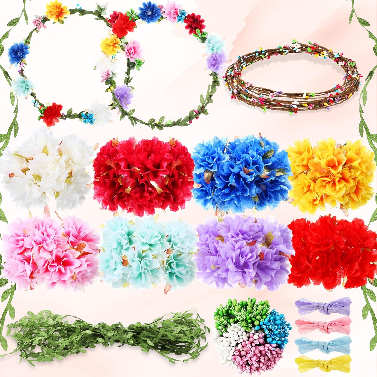 Zeyune 20 Sets Flower Crowns Making Kit, Make Your Own Flower Crown Wreath Garland Headbands Craft Kit Handmade DIY Fairy Floral