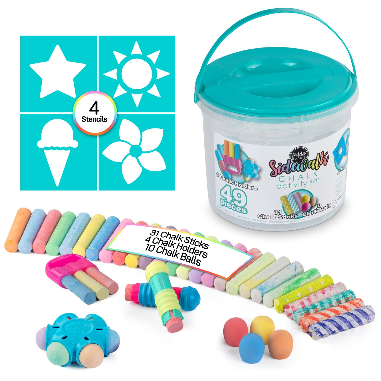Loddie Doddie 49pc Sidewalk Chalk Bucket - Outdoor Activity Play Set for Kids, 31 Assorted Chalk Sticks, 4 Holders, 10 Ball Refi