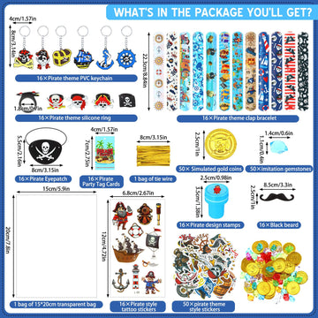 Spakon 280 Pcs Pirate Party Favors Birthday Supplies Decoration Include Pirate Keychain Ring Eye Mask Beard Tattoo Sticker Gold