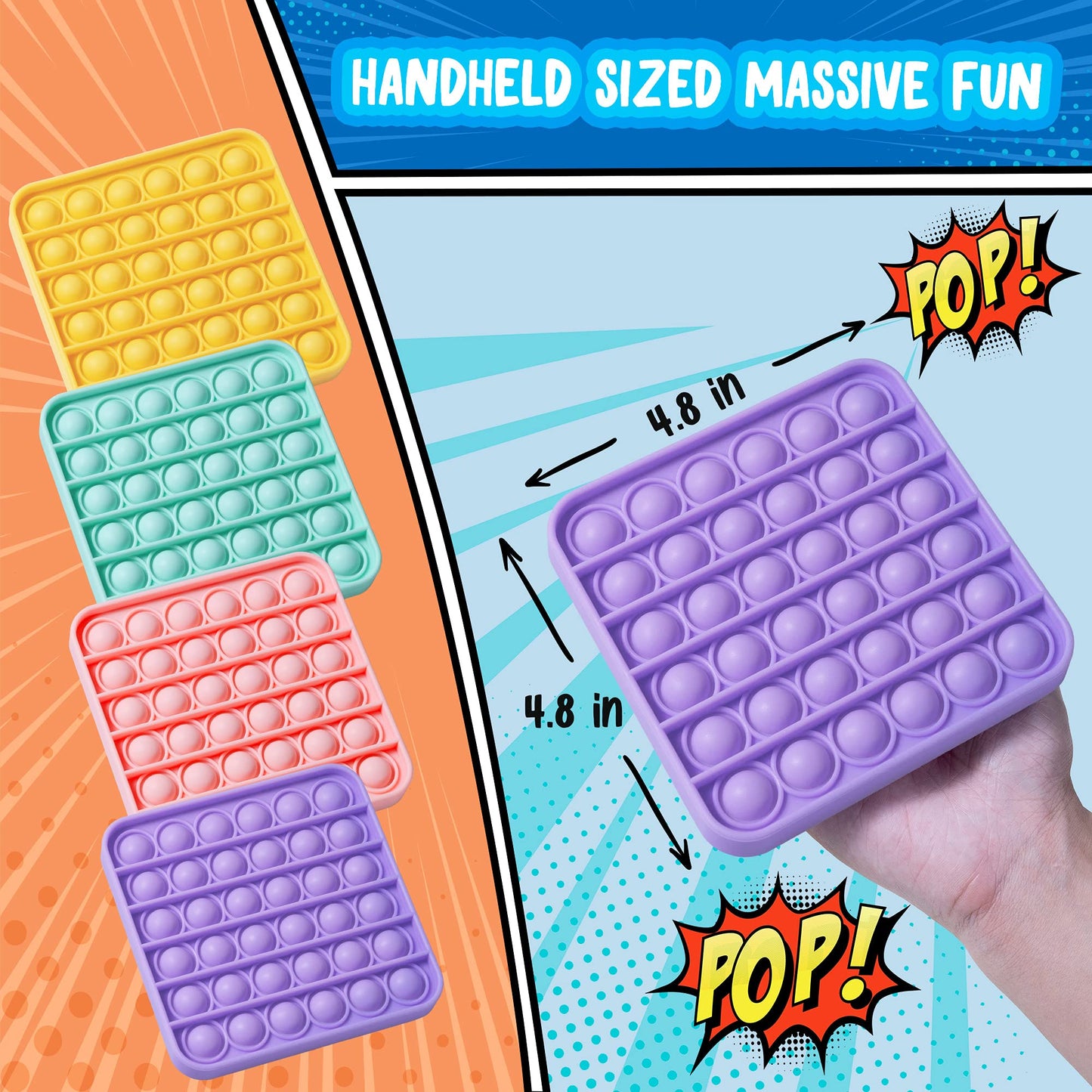 MATICAN Push Pop Fidget Toy 4-Pack - Square Sensory Bubble Fidget in Pastel Pink, Mint, Yellow, Purple - Great Party Favors