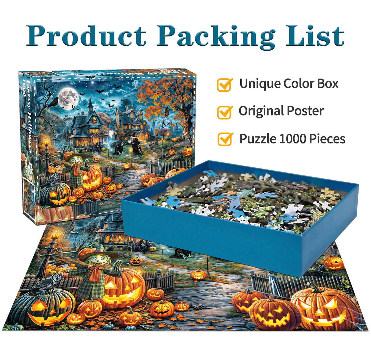 Halloween Puzzle for mature-themeds 1000 Pieces Bats Full Moon Haunted House Witches Pumpkins Jigsaw Puzzles for mature-themeds and Kids 1000 Piece Dark Fantasy Halloween Scene