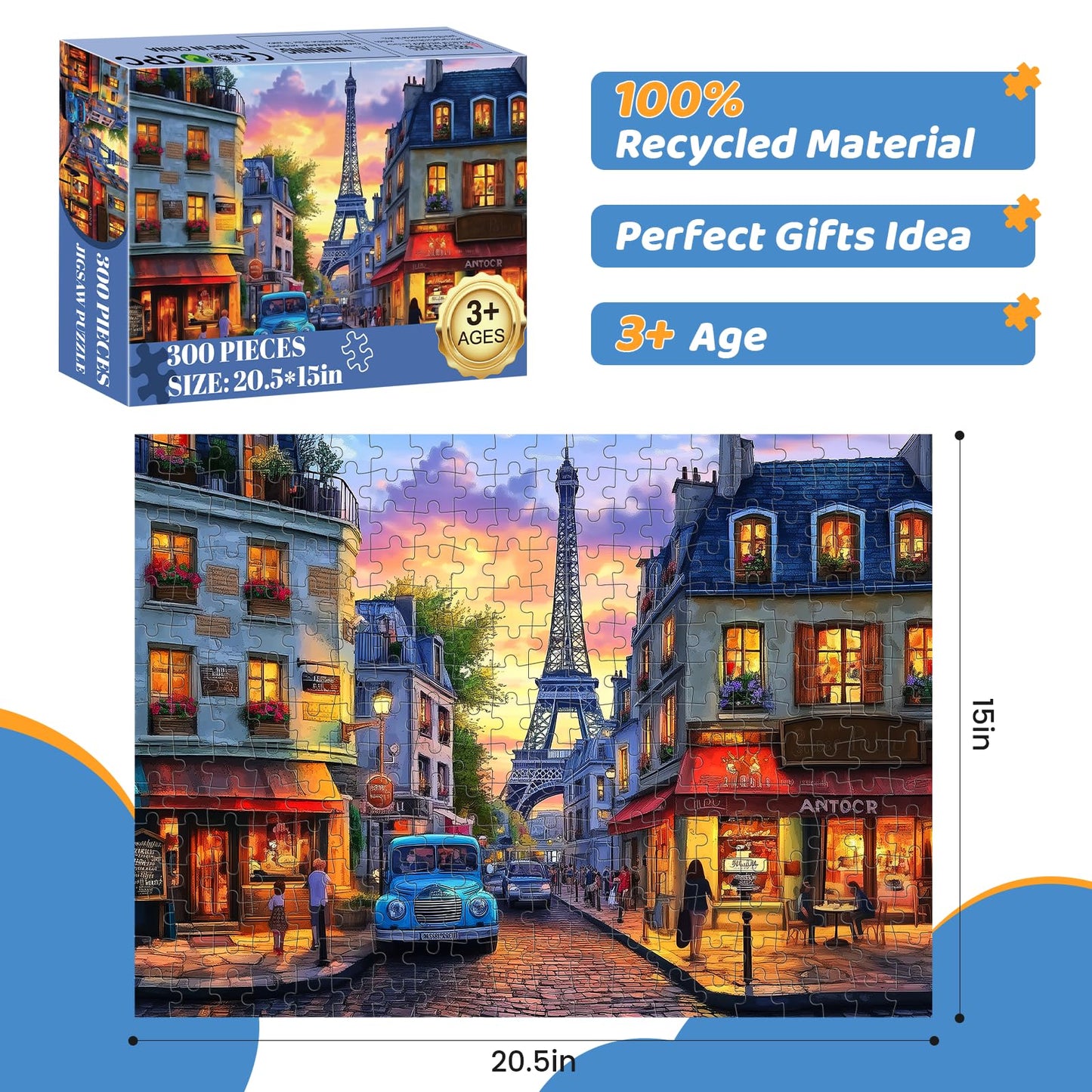 Puzzles 300 Pieces for mature-themeds | Eiffel Tower Jigsaw Puzzles | Recycled Cardboar Jigsaw Puzzles 300 Pieces | Challenging Family Activity Great Gift Idea for Family Friends | 20.5 X 15 inches