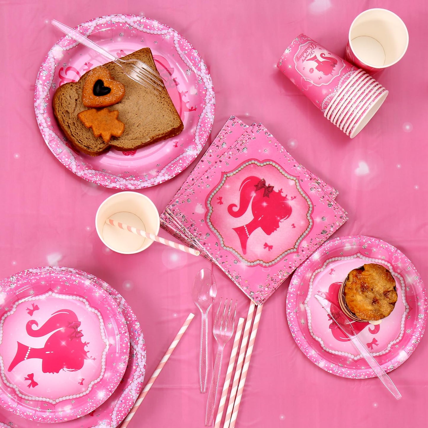 161CT Pink Girl Babe Happy Birthday Party Supplies Babe Head Paper Plates Cups Straw Napkins Spoon Fork knives Tablecloth Hot Pi