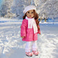 Dreamworld Collections Parisian Adventure - 5 Piece Outfit - Pink Coat, White Beret, Scarf, Leggings And Pink Boots - Clothes Fi