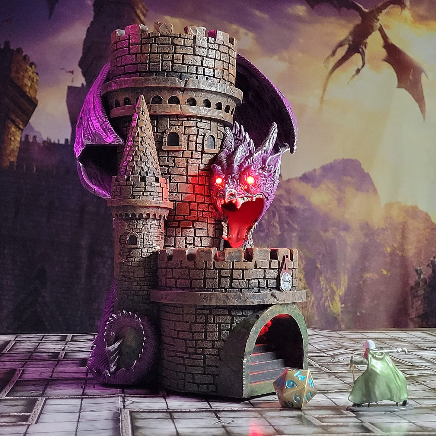 Forged Dice Co. Dragon’S Keep Dice Tower - Hand Painted Dice Rolling Tower Castle With Led Lights, Made From Heavy Duty Resin - Compatible With Dnd Accessories, D&D 5E, Standard Rpg Dice (Purple)