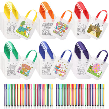 Vincreem 54 Pcs Easter Coloring Goodie Bags with 60 Pcs Colorful Markers Non Woven Coloring Bunny Egg Color Your Own Reusable Pa