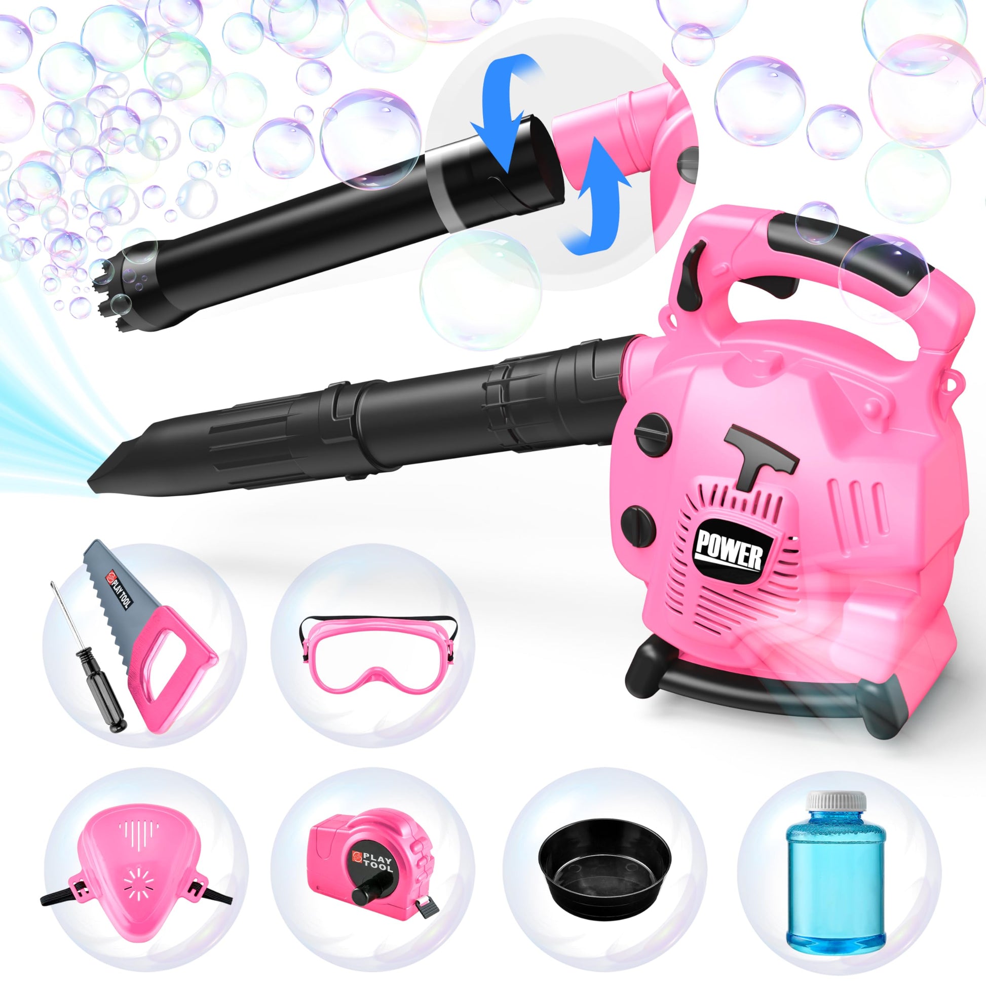 Bubble Leaf Blower for Toddlers - Upgrade Pink Kids Bubble Machine with Gardening Tool Set  2 in 1 with Extra Bubble Blower Kit Outdoor Play Toys  Birthday Party Gifts for Boys Girls Age 3 4 5+ Years