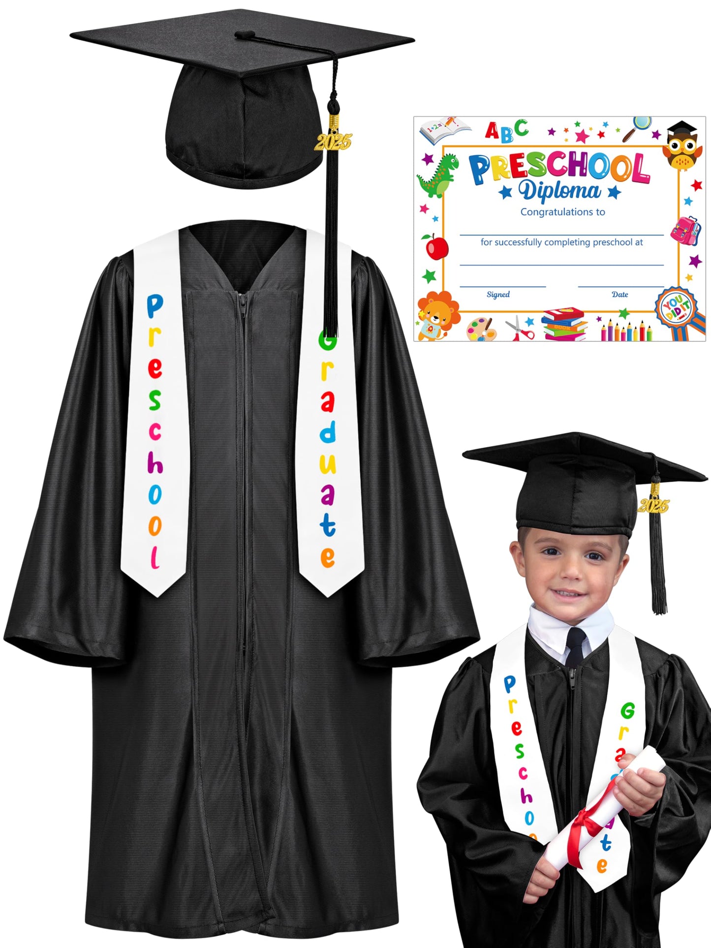 QZYL Preschool Graduation Cap and Gown Set, Unisex Kindergarten Graduation Outfit with Stole 2025 Tassel and Certificate