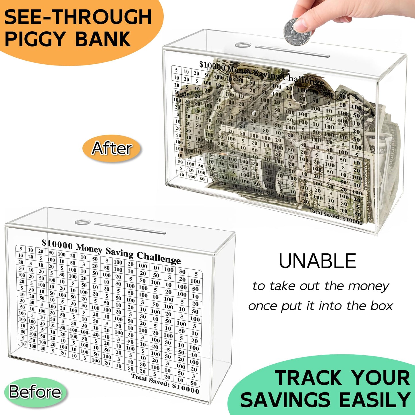 LingLingo 10K Smash Box, Clear Acrylic Unbreakable Piggy Bank for Adults, Money Saving Challenge Box for Cash Coin, Must Break t