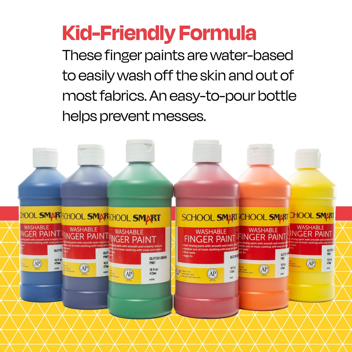 School Smart Washable Finger Paints, Assorted Glitter Colors, Pint Set of 6