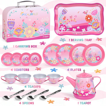 Tea Party Set for Toddles 3-5,PRE-WORLD Musical Kids Tea Set for Little Girls with Dessert,Cookies,Doughnut,Cake,Cake Stand,Tabl