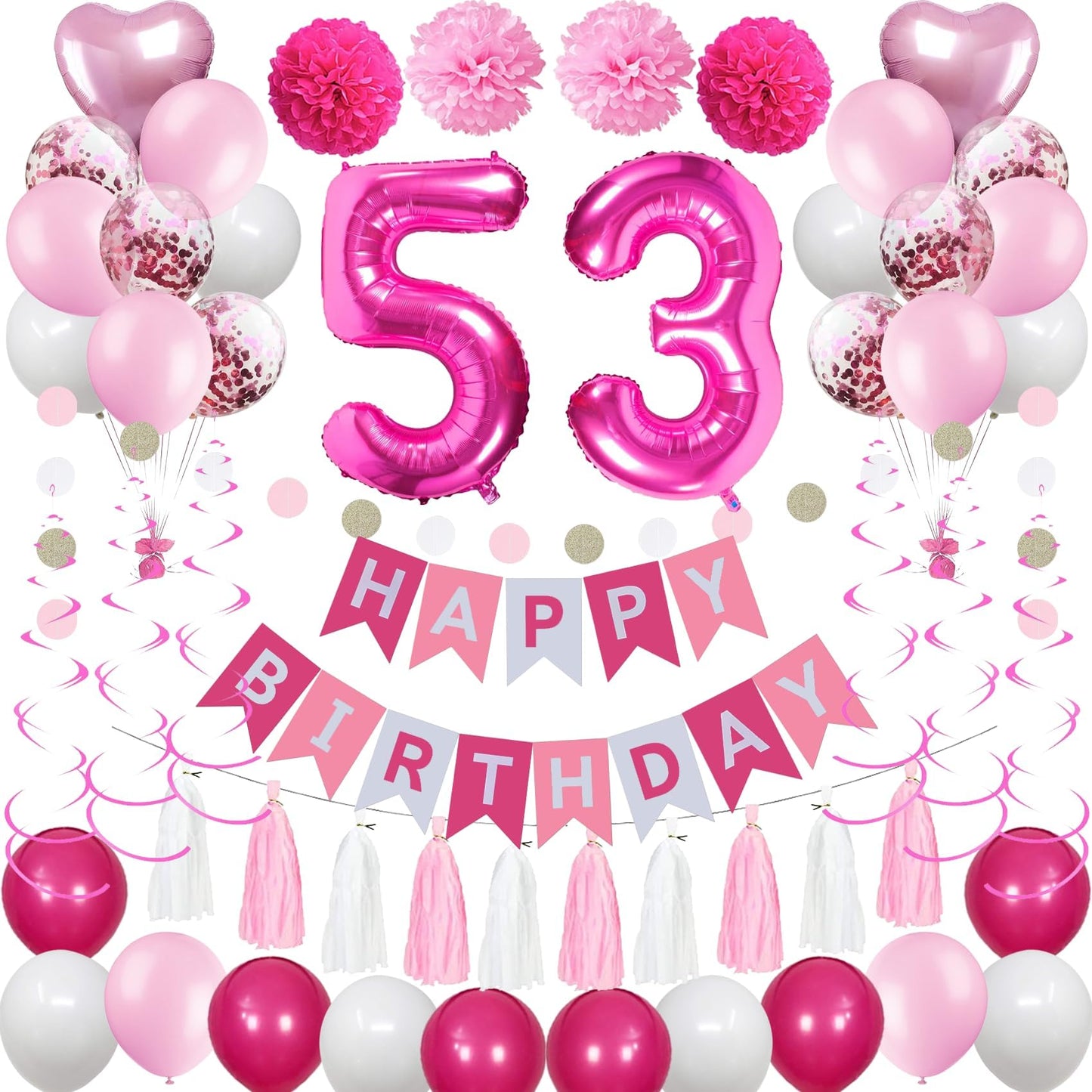 Sweet 53Rd Birthday Decorations For Women, Pink And White 53 Happy Birthday Balloons,53Rd Birthday Party Supplies Including Pink