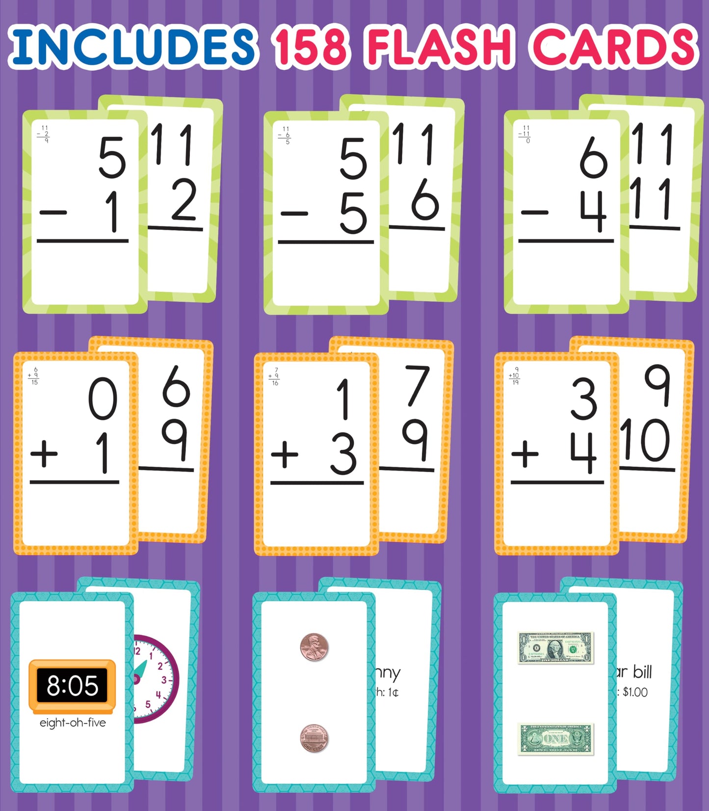 Carson Dellosa Time And Money, Addition And Subtraction Flash Cards, 3 Sets Of Mathematics Flashcards, Math Games For Kids 5-7, Hands-On Learning Resources