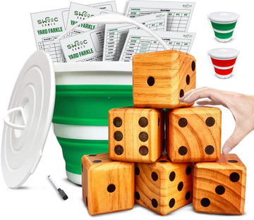 SWOOC Games - Yardzee, Farkle & 20+ Games - Light-Weight Yard Dice Game Set (All Weather) with Collapsible Bucket, 5 Big Laminat
