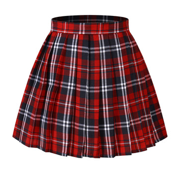 Women`S School Uniform Flared Slim Plaid Pleated Skirts(Xl,Red Blue)