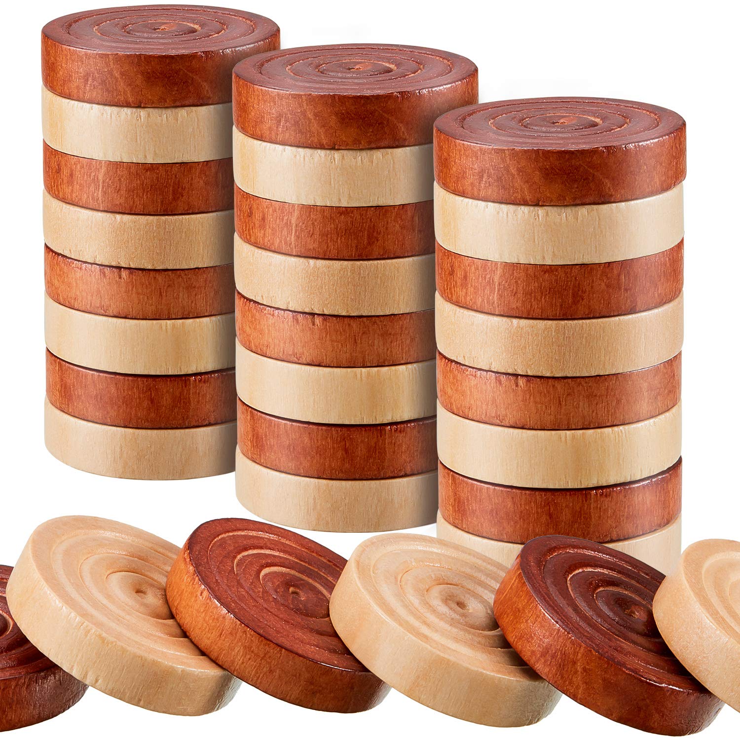 72 Pieces Wood Checkers 1.06 Inch Wooden Checkers Pieces Set with Stackable Ridge in Drawstring Storage Pouch for Board Game  Dark Brown and Natural