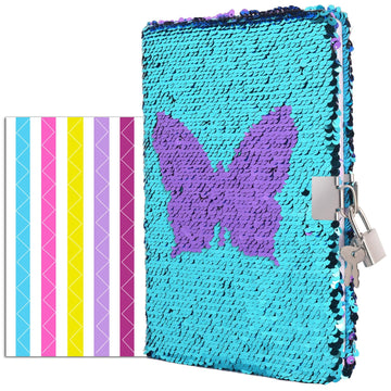 Vipbuy Magic Reversible Sequin Notebook Diary Lined Travel Journal With Lock And Key For Women Girls, Size A5 (8.5” X 5.5”), 78 Sheets (Butterfly Diary)
