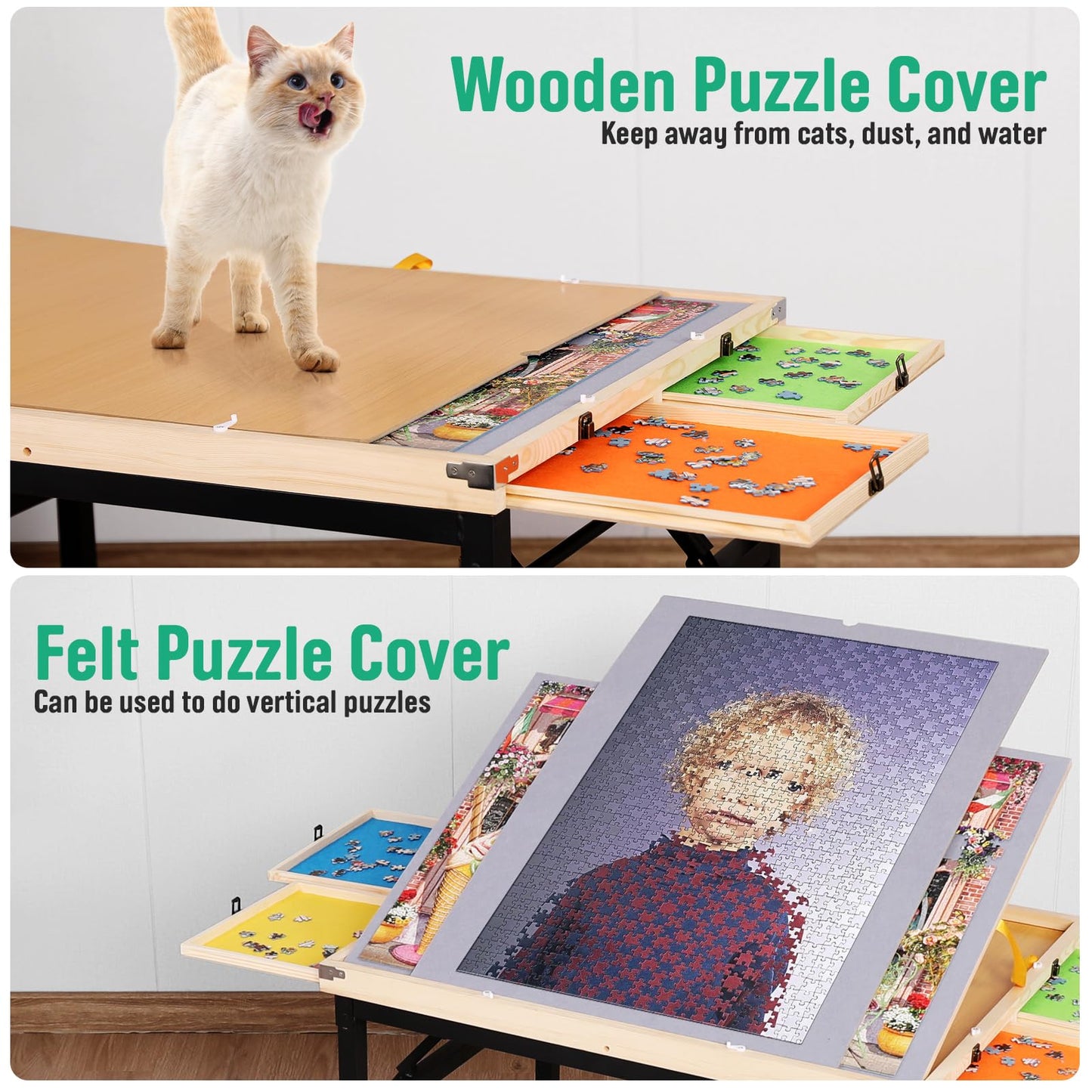 Puzzle Table With Drawers And Folding Metal Legs 1500 Pieces Jigsaw Puzzle Table With Cover 3-Tilting-Angle Portable Wooden Jigs