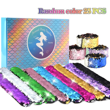 Kuuqa 25 Pcs Magic Mermaid Sequin Bracelets Glitter Reversible Sequins Slap Bracelets Wristbands For Kids Little Mermaid Birthda