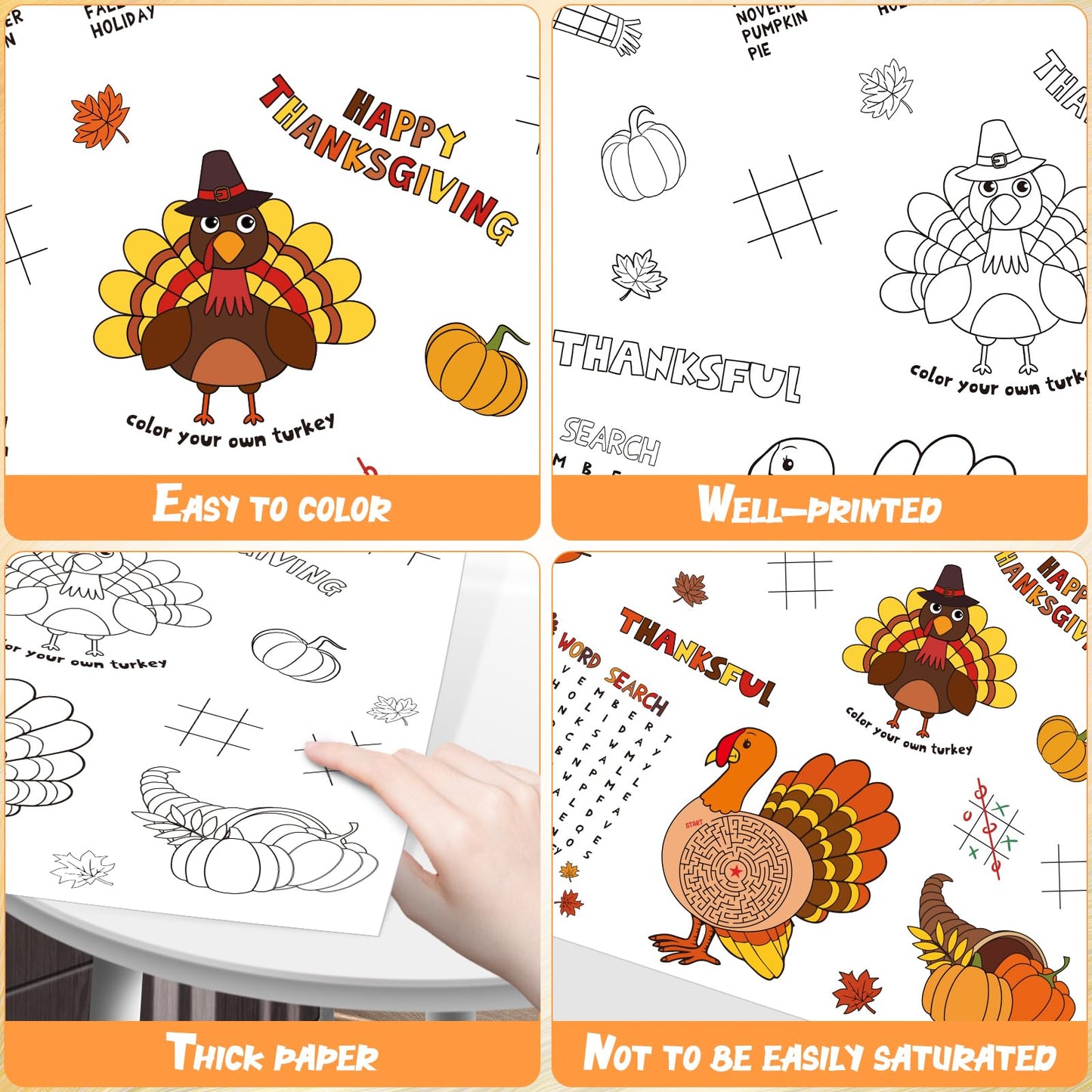 1 Pack Fall Thanksgiving Coloring Tablecloth for Kids, Disposable Thanksgiving Turkey Pumpkin Color-in Paper Table Cover, Fall T