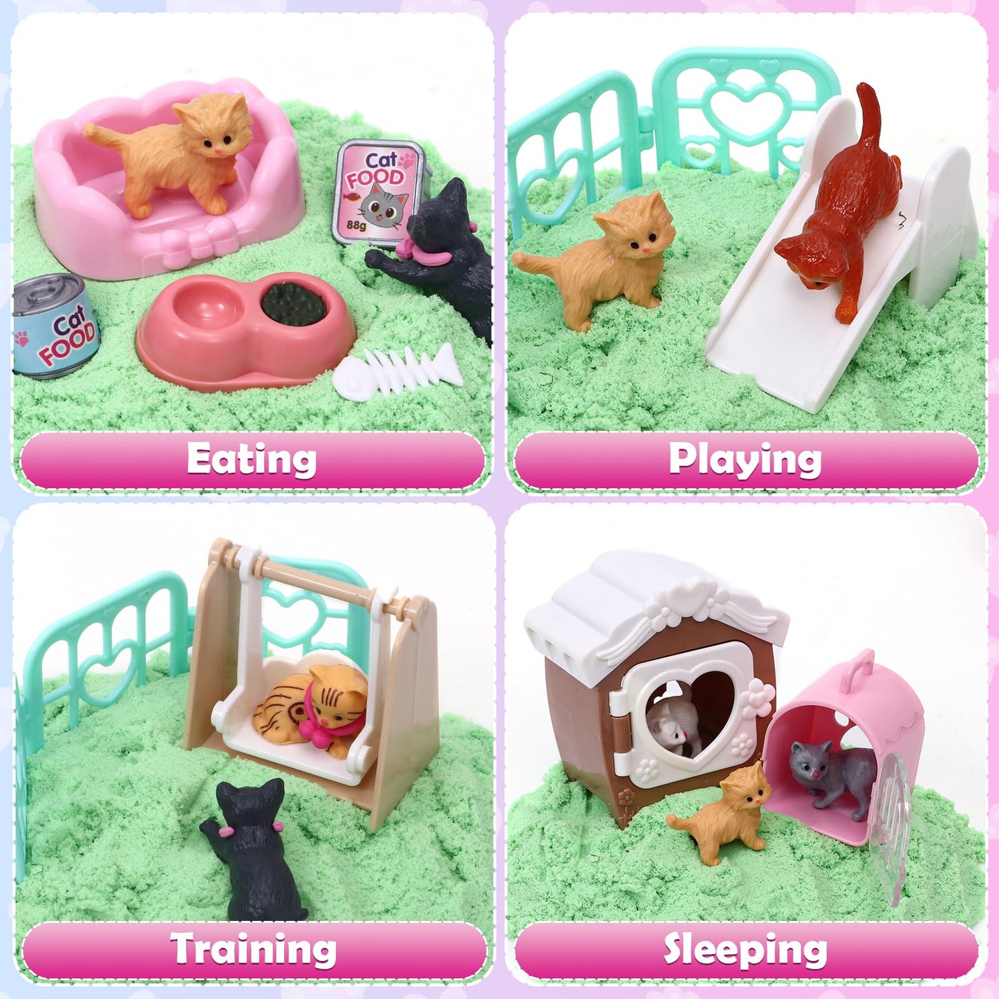 Lorfancy Cat Sandbox Toys Kids Play Sand Kit Toddler Sensory Bin Toy 2.2Lbs Sand Pet Cat Figures Care Role Pretend Play Beach To