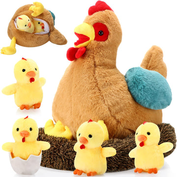 Skylety Chicken Stuffed Animal Plush Toy Egg Laying Hen With Zippered Belly, Hen House And Little Baby Chicks For Easter Stuffers Party Supplies(Vivid Style)