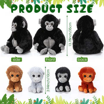 Lenwen 5 Pcs Plush Gorilla Orangutan Stuffed Animals Set 14 Inch Large Mommy Gorilla With 4 Baby Gorillas Zippered Gorilla Plushies For Birthday Gifts Forest Party Decor(Classic Color)