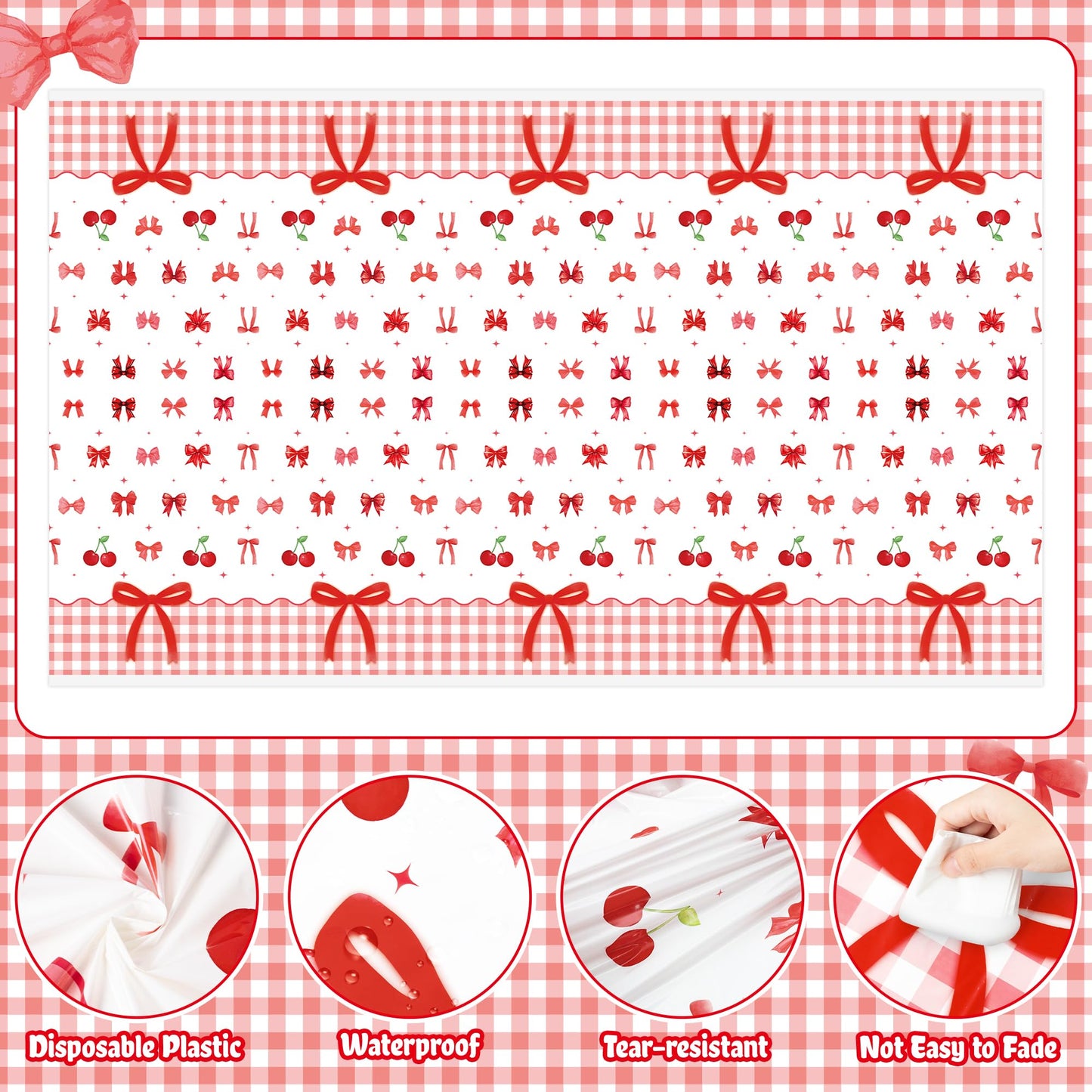 ArianQicult 3Pcs Bow Party Tablecloths - Red Cherry Party Table Covers Decorations Coquette Bow Rectangular Plastic Disposable T
