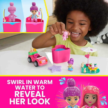 Mega Barbie Color Reveal Building Toy Car Playset, Convertible Road Trip With 66 Pieces, 10 Surprises, Accessories, Kids Age 4+ Years