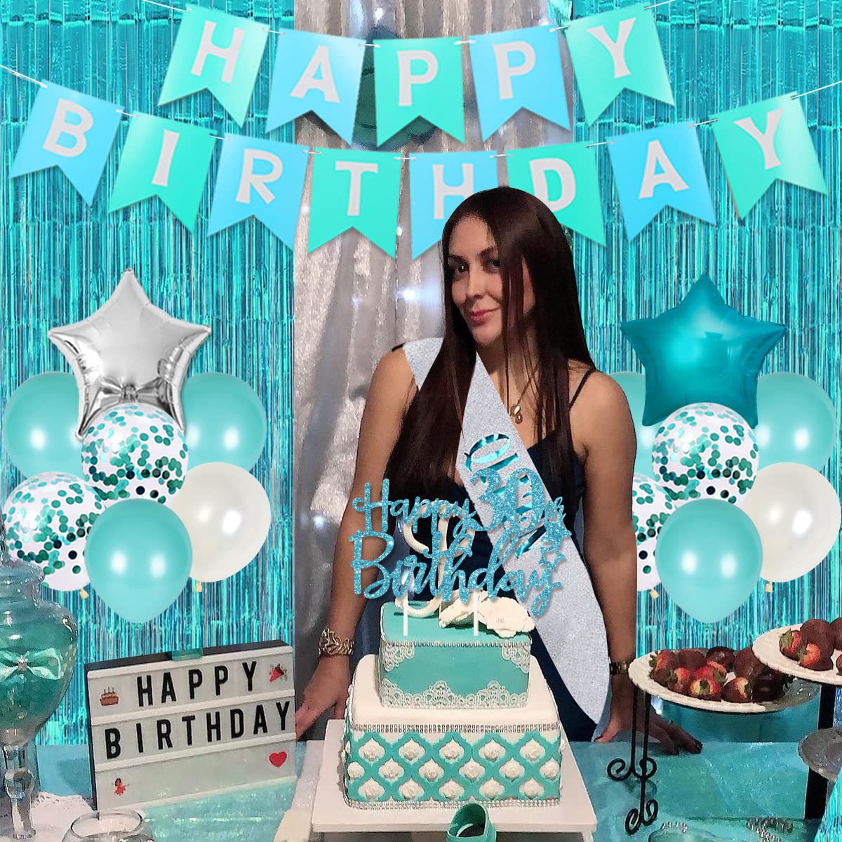 30Th Birthday Decorations For Women Girls Teal - Queen Sash Happy Birthday Banner Cake Topper Number 30 Foil Balloon Foil Curtai