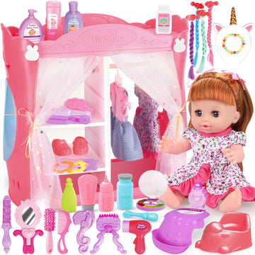 14' Baby Doll Toy Playset With Wardrobe Bed, 37Pcs Beauty Hair & Baby Doll Care Toy Set, Toddler Toy Pretend Play Doll Incl Hair Salon Kit, Doll Clothes, Baby Gift For 3 4 5 6+ Year Old Girl Toy